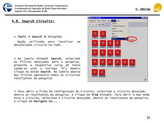 Gerência Nacional de Redes e Serviços Corporativos
Coordenação de Operação de Redes Especializadas
Suporte N3 e Desempenho de RE
35
4.8. Search Circuits:
 Na janela Circuit Search, selecione
os filtros desejados para a pesquisa,
preencha a respectiva caixa de texto
(pode-se usar o coringa “%”) depois
clique no botão Search. Na tabela abaixo
dos filtros aparecerá todos os circuitos
resultantes da pesquisa.
 Para abrir a ficha de configuração do circuito, selecione o circuito desejado,
dentre os resultantes da pesquisa, e clique em View Circuit. Para abrir o mux onde
está o circuito, selecione o circuito desejado, dentre os resultantes da pesquisa,
e clique em Navigate to... .
 Tools  Search  Circuits:
Opção utilizada para localizar um
determinado circuito na rede.
4. DmView
 