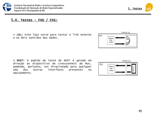 Gerência Nacional de Redes e Serviços Corporativos
Coordenação de Operação de Redes Especializadas
Suporte N3 e Desempenho de RE
45
5.4. Testes – FXO / FXS:
 LDL: Este laço serve para testar o link externo
e os dois sentidos dos dados.
 BERT: O padrão de teste de BERT é gerado em
direção ao dispositivo de crossconnect do Mux,
podendo, portanto, ser direcionado para qualquer
uma das outras interfaces presentes no
equipamento.
5. Testes
 