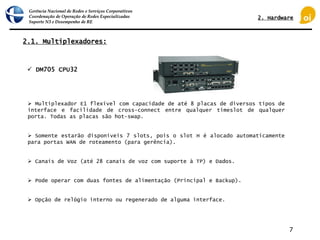 Gerência Nacional de Redes e Serviços Corporativos
Coordenação de Operação de Redes Especializadas
Suporte N3 e Desempenho de RE
7
 Multiplexador E1 flexível com capacidade de até 8 placas de diversos tipos de
interface e facilidade de cross-connect entre qualquer timeslot de qualquer
porta. Todas as placas são hot-swap.
 Somente estarão disponíveis 7 slots, pois o slot H é alocado automaticamente
para portas WAN de roteamento (para gerência).
 Canais de Voz (até 28 canais de voz com suporte à TP) e Dados.
 Pode operar com duas fontes de alimentação (Principal e Backup).
 Opção de relógio interno ou regenerado de alguma interface.
 DM705 CPU32
2.1. Multiplexadores:
2. Hardware
 