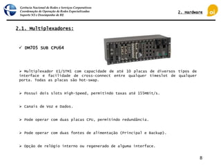 Gerência Nacional de Redes e Serviços Corporativos
Coordenação de Operação de Redes Especializadas
Suporte N3 e Desempenho de RE
8
 Multiplexador E1/STM1 com capacidade de até 10 placas de diversos tipos de
interface e facilidade de cross-connect entre qualquer timeslot de qualquer
porta. Todas as placas são hot-swap.
 Possui dois slots High-Speed, permitindo taxas até 155MBit/s.
 Canais de Voz e Dados.
 Pode operar com duas placas CPU, permitindo redundância.
 Pode operar com duas fontes de alimentação (Principal e Backup).
 Opção de relógio interno ou regenerado de alguma interface.
 DM705 SUB CPU64
2.1. Multiplexadores:
2. Hardware
 