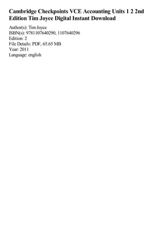 Cambridge Checkpoints VCE Accounting Units 1 2 2nd Edition Tim Joyce | PDF