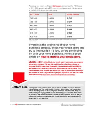 According to a recent posting on MyFico.com, someone with a FICO score
of 620 - 639 may pay nearly 21% more in monthly payments than someone
in the 760 - 850 range. See chart below:
FICO Score APR* Monthly Payment
760 - 850 3.456% $1,340
700 - 759 3.678% $1,377
680 - 699 3.855% $1,407
660 - 679 4.069% $1,444
640 - 659 4.499% $1,520
620 - 639 5.045% $1,619
* APRs assumea$300,000, 30-year fixedmortgagewith1.0points and80%Loan-to-ValueRatio. Assumes mortgageis for asinglefamily,
owner-occupiedproperty.
If you're at the beginning of your home
purchase process, check your credit score and
try to improve it if it's low, before continuing
on with your home purchase. Here's a good
article on how to improve your credit score.
Quick Tip: It's critical that your credit report is accurate, as someone
with a score between 760 and 850 could be offered an interest rate as
much as 10 - 25% lower than those with a score between 620 and 640!So
you should check your reports and fix anyerrors that maybe there. The
credit bureaus must provide you with a free copyof your reports annuallyif
you request it. Here's a great site to get your reports so that you can check
themfor accuracy:https://www.annualcreditreport.com/cra/index.jsp
A strong credit score is a major asset, and you should do all that you can to attain and
maintain a good one. Your credit score is the primary determinant of your interest rates
(with all other things being equal) for mortgages, other loans and credit cards. Keep your
credit score high by paying your bills on time and keeping your outstanding debts as low
as possible. A high credit score will result in lower monthly payments, and it will give you
more money to spend on other things - like furniture, landscaping and improvements, to
name a few - for your new home.
9 guaranteedrate.coml 1-866-943-7283l ©Guaranteed Rate2012 Equal Housing Lender | Illinois Residential Mortgage Licensee
NMLSLicense#2611| 3940N. RavenswoodChicago, IL60613
Bottom Line
 