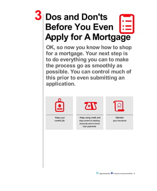 3 Dos and Don'ts
Before You Even
Apply for A Mortgage
OK, so now you know how to shop
for a mortgage. Your next step is
to do everything you can to make
the process go as smoothly as
possible. You can control much of
this prior to even submitting an
application.
Keep your Keep using credit and Maintain
current job staycurrent on existing your insurance
accounts,rent or home
loan payments
@guaranteedrate facebook.com/guaranteedRate 10
 