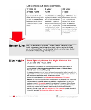Bottom Line
Side Note
What's the best mortgage? As cliché as it sounds, it depends. The mortgage that is
best for you depends on how long you plan to stay in your home and how comfortable
you are with the possibility of your rate changing. Talk with a home loan expert about all
the tradeoffs to find the mortgage that's right for you.
Some Specialty Loans that Might Work for You
VA Loans and FHA Loans
There are some specialtyloans set up bythe USgovernment that you mayqualifyfor, in
particular Veteran's Affairs Loans (commonlycalledVALoans) and Federal Housing
Authority Loans(known asFHA Loans).
VALoans areavailabletoactive-duty servicemembers andveterans andtheir families. If youqualify, this
programenables youtobuy ahomewithnomoney downandnoprivatemortgageinsurance(alsoknownas
PMI). Therearesomedisadvantages as well, includingastrict appraisal
process. Here's agoodblogpost ontheadvantages and disadvantages of VA Loans.
FHALoans are loans backed bythe Federal government and are intended to make home loans
more affordable and accessible. Anyone mayqualify, and in fact, these loans are gaining in
popularity. Arecent NYTimes article pegged the percentage of FHALoans at 40%of all loans.
FHALoans have lower downpayment requirements and no pre-payment penalties (fees that a
borrower pays if the loan is paid off before its term is over). However, there are limits to
how much you can borrow. See more information on FHA Loans here, as well as more on
the recently launched FHA Streamlined Refinance Program here.
Let's check out some examples.
1-year or 5-year 30-year
3-year ARM ARM Fixed
If you are OK with the pos- If you KNOW that you will be If you KNOW this is your
sibility of a rate change AND in your place for four years forever home, then a 15,
you want the lowest possible AND you don't want the rate 20 or 30-year fixed rate
initial rate, then a 1-year or to change, a 5-year ARM mortgage may be best
3-year ARM may be the one would probably be a good op- for you. Itsrate won't
for you. tion for you. It would provide change, youcanplanyour
you the lowest rate for that monthlybudget based on a
amount of time (without any consistent payment and you
variability). canownthehomeat theend
of those terms.
3 guaranteedrate.coml 1-866-943-7283l ©Guaranteed Rate2012 Equal Housing Lender | Illinois Residential Mortgage Licensee
NMLSLicense#2611| 3940N. RavenswoodChicago, IL60613
 