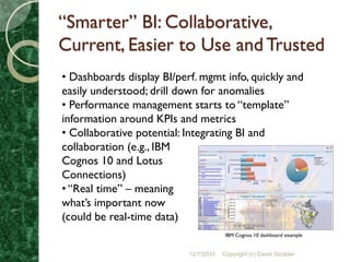 “Smarter” BI: Collaborative,
Current, Easier to Use and Trusted
• Dashboards display BI/perf. mgmt info, quickly and
easily understood; drill down for anomalies
• Performance management starts to “template”
information around KPIs and metrics
• Collaborative potential: Integrating BI and
collaboration (e.g., IBM
Cognos 10 and Lotus
Connections)
• “Real time” – meaning
what’s important now
(could be real-time data)
                                        IBM Cognos 10 dashboard example


                           12/7/2010   Copyright (c) David Stodder
 