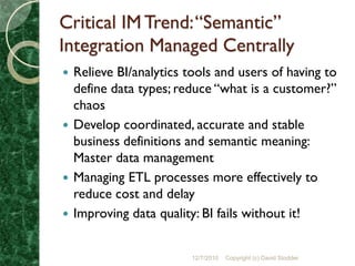 Critical IM Trend: “Semantic”
Integration Managed Centrally
 Relieve BI/analytics tools and users of having to
  define data types; reduce “what is a customer?”
  chaos
 Develop coordinated, accurate and stable
  business definitions and semantic meaning:
  Master data management
 Managing ETL processes more effectively to
  reduce cost and delay
 Improving data quality: BI fails without it!


                        12/7/2010   Copyright (c) David Stodder
 