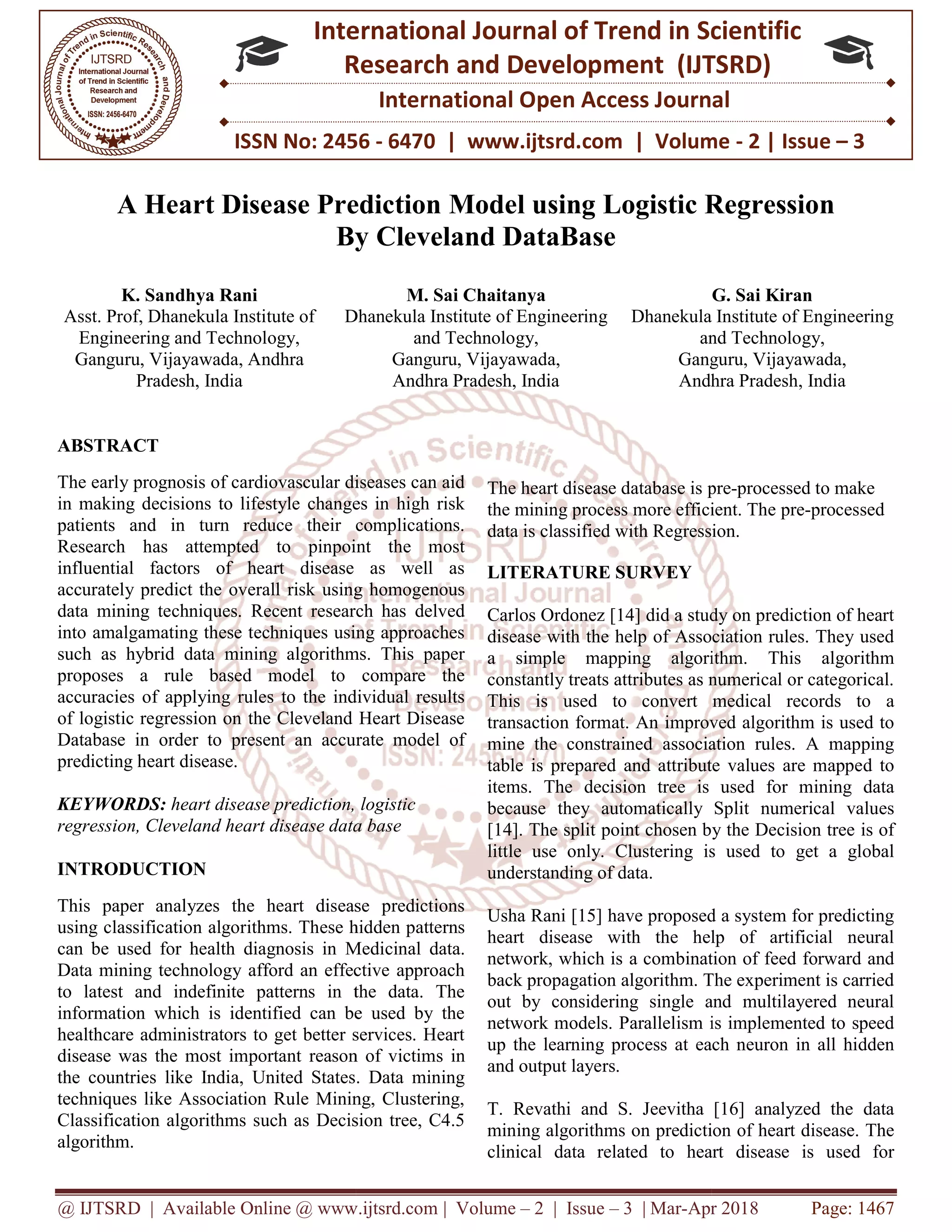A Heart Disease Prediction Model using Logistic Regression By Cleveland ...
