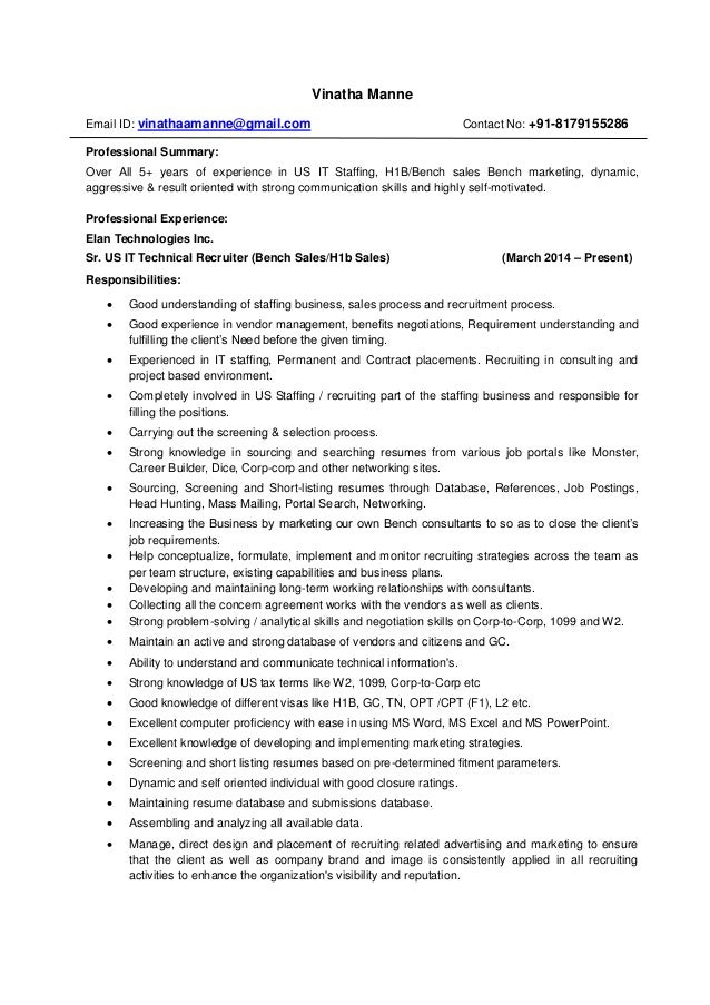 Bench Sales Recruiter Resume Bench Sales Recruiter Resume