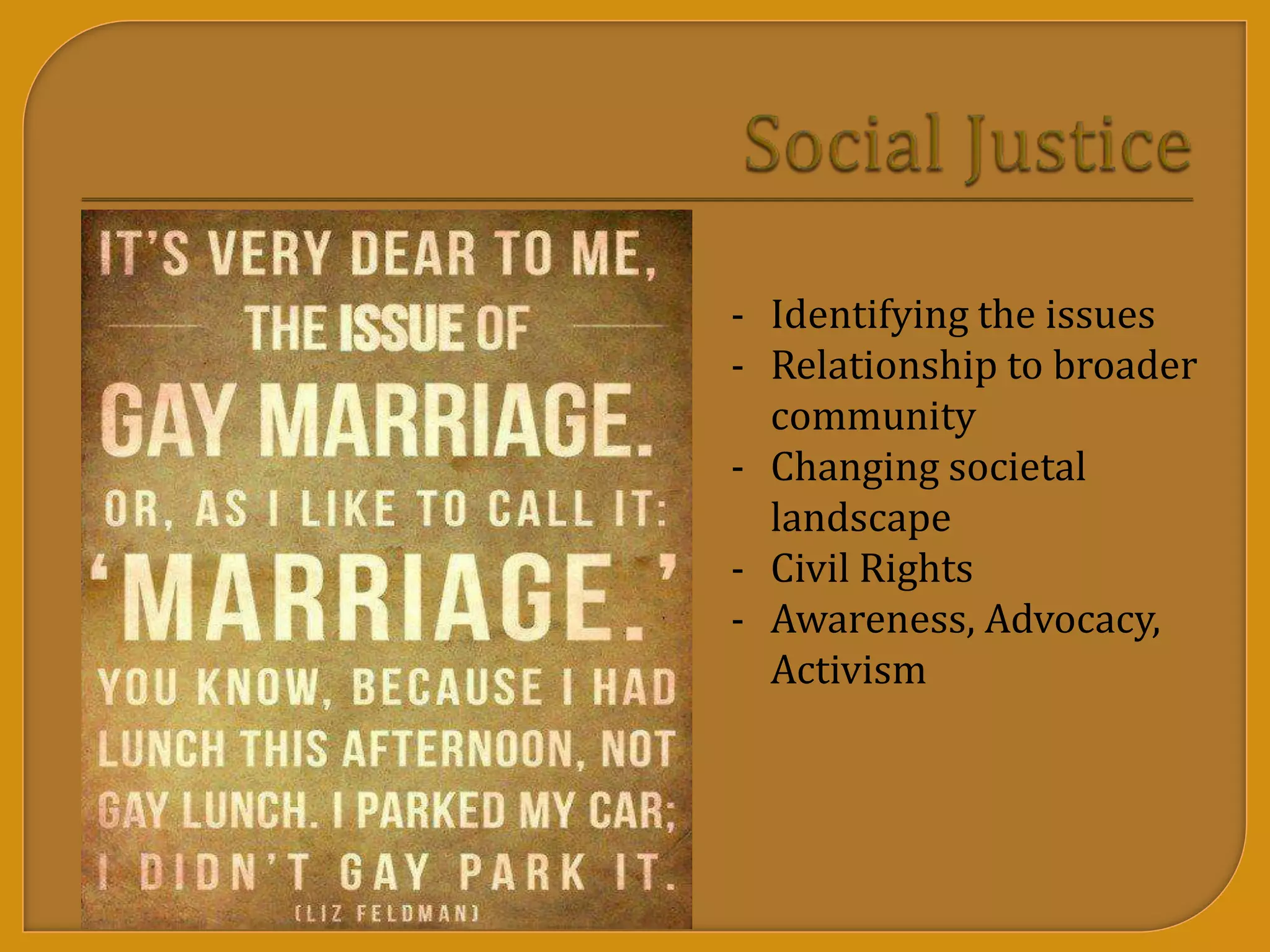 - Identifying the issues
- Relationship to broader
community
- Changing societal
landscape
- Civil Rights
- Awareness, Advocacy,
Activism
 
