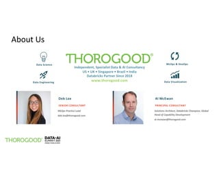 About Us
Deb Lee
SENIOR CONSULTANT
MLOps Practice Lead
deb.lee@thorogood.com
Al McEwan
PRINCIPAL CONSULTANT
Solutions Architect, Databricks Champion, Global
Head of Capability Development
al.mcewan@thorogood.com
Independent, Specialist Data & AI Consultancy
US • UK • Singapore • Brazil • India
Databricks Partner Since 2018
www.thorogood.com
Data Science MLOps & DevOps
Data Engineering Data Visualization
 