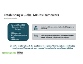 Establishing a Global MLOps Framework
Customer situation
In order to stay ahead, the customer recognized that a global coordinated
strategy and framework was needed to realize the benefits of MLOps
Investment in experimentation that has proven
valuable
Data science teams work in focused business
areas, following independent practices
Fortune Global 500
Consumer Goods
Company
• 190 countries
• 2.5 billion+ consumers
daily
• 400 brands
 