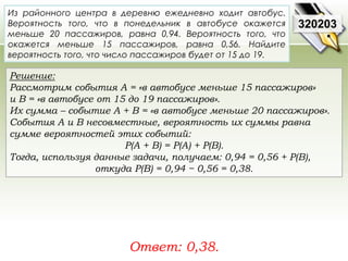 Из районного центра в деревню ежедневно ходит автобус. 
Вероятность того, что в понедельник в автобусе окажется 
меньше 20 пассажиров, равна 0,94. Вероятность того, что 
окажется меньше 15 пассажиров, равна 0,56. Найдите 
вероятность того, что число пассажиров будет от 15 до 19. 
Решение: 
Рассмотрим события A = «в автобусе меньше 15 пассажиров» 
и В = «в автобусе от 15 до 19 пассажиров». 
Их сумма – событие A + B = «в автобусе меньше 20 пассажиров». 
События A и В несовместные, вероятность их суммы равна 
сумме вероятностей этих событий: 
P(A + B) = P(A) + P(B). 
Тогда, используя данные задачи, получаем: 0,94 = 0,56 + P(В), 
откуда P(В) = 0,94 − 0,56 = 0,38. 
Ответ: 0,38. 
320203 
 
