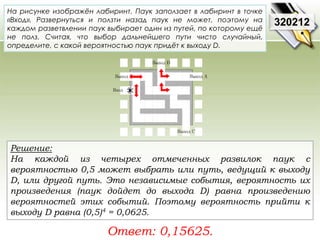 На рисунке изображён лабиринт. Паук заползает в лабиринт в точке 
«Вход». Развернуться и ползти назад паук не может, поэтому на 
каждом разветвлении паук выбирает один из путей, по которому ещё 
не полз. Считая, что выбор дальнейшего пути чисто случайный, 
определите, с какой вероятностью паук придёт к выходу D. 
Решение: 
На каждой из четырех отмеченных развилок паук с 
вероятностью 0,5 может выбрать или путь, ведущий к выходу 
D, или другой путь. Это независимые события, вероятность их 
произведения (паук дойдет до выхода D) равна произведению 
вероятностей этих событий. Поэтому вероятность прийти к 
выходу D равна (0,5)4 = 0,0625. 
Ответ: 0,15625. 
320212 
 