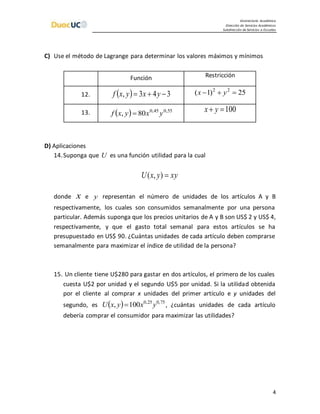 Vicerrectoría Académica
Dirección de Servicios Académicos
Subdirección de Servicios a Escuelas
4
C) Use el método de Lagrange para determinar los valores máximos y mínimos
Función Restricción
12.   343,  yxyxf 25)1( 22
 yx
13.   55,045,0
80, yxyxf  100 yx
D) Aplicaciones
14.Suponga que U es una función utilidad para la cual
xyyxU ),(
donde x e y representan el número de unidades de los artículos A y B
respectivamente, los cuales son consumidos semanalmente por una persona
particular. Además suponga que los precios unitarios de A y B son US$ 2 y US$ 4,
respectivamente, y que el gasto total semanal para estos artículos se ha
presupuestado en US$ 90. ¿Cuántas unidades de cada artículo deben comprarse
semanalmente para maximizar el índice de utilidad de la persona?
15. Un cliente tiene U$280 para gastar en dos artículos, el primero de los cuales
cuesta U$2 por unidad y el segundo U$5 por unidad. Si la utilidad obtenida
por el cliente al comprar x unidades del primer artículo e y unidades del
segundo, es   75,025,0
100, yxyxU  , ¿cuántas unidades de cada artículo
debería comprar el consumidor para maximizar las utilidades?
 