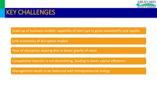 Scale-up of business models: capability of start-ups to grow consistently and rapidly
Unit economics of disruptive models
Pace of disruption slowing due to lesser gravity of need
Competitive intensity is not diminishing, leading to lower capital efficiency
Management depth to be balanced with entrepreneurial energy
KEY CHALLENGES
 