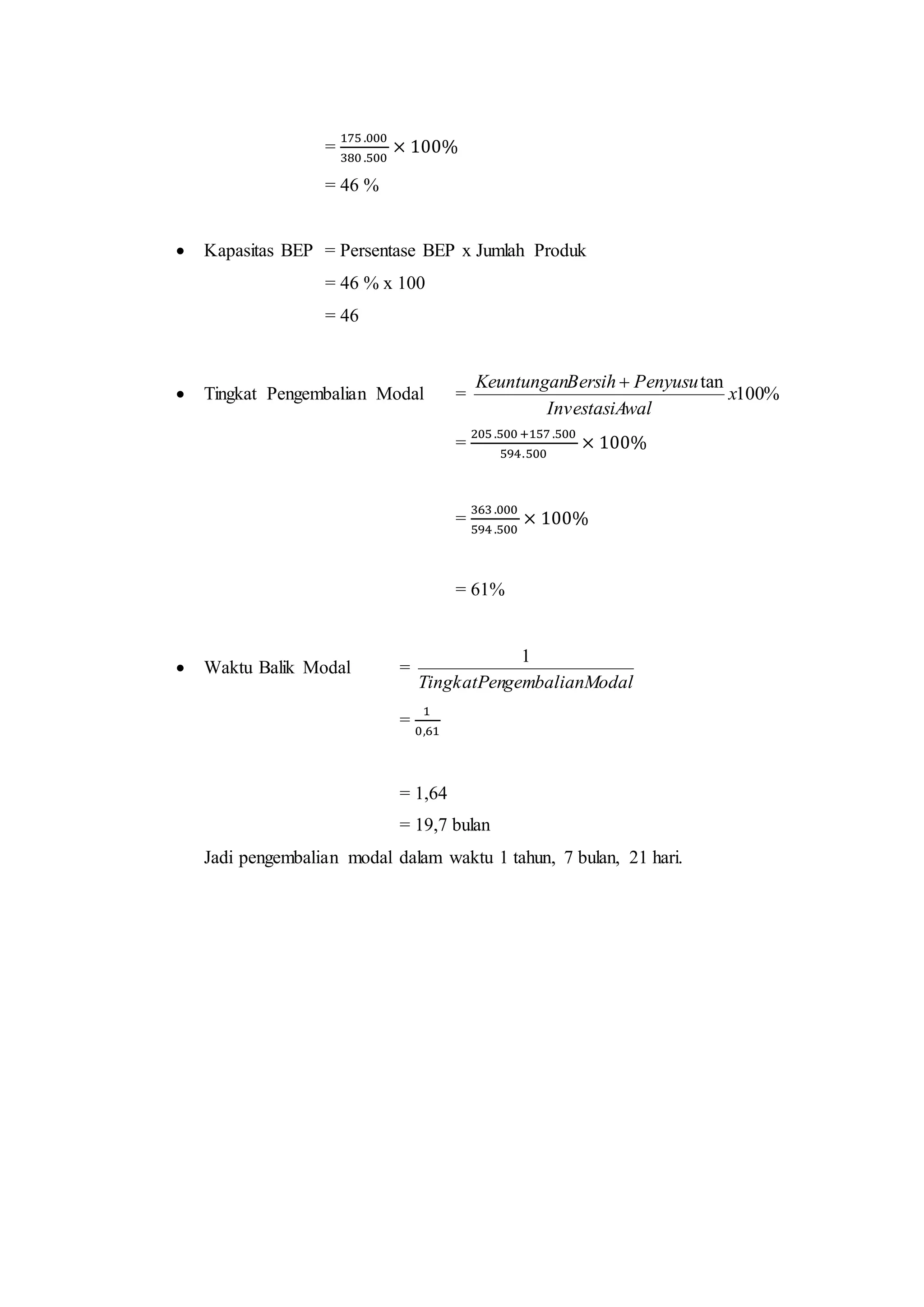 =
175 .000
380 .500
× 100%
= 46 %
 Kapasitas BEP = Persentase BEP x Jumlah Produk
= 46 % x 100
= 46
 Tingkat Pengembalian Modal = %100
tan
x
walInvestasiA
PenyusuBersihKeuntungan 
=
205 .500 +157 .500
594.500
× 100%
=
363 .000
594 .500
× 100%
= 61%
 Waktu Balik Modal =
odalgembalianMTingkatPen
1
=
1
0,61
= 1,64
= 19,7 bulan
Jadi pengembalian modal dalam waktu 1 tahun, 7 bulan, 21 hari.
 