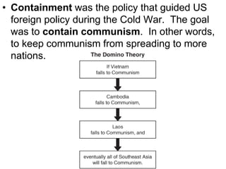 • Containment was the policy that guided US
foreign policy during the Cold War. The goal
was to contain communism. In other words,
to keep communism from spreading to more
nations.
 