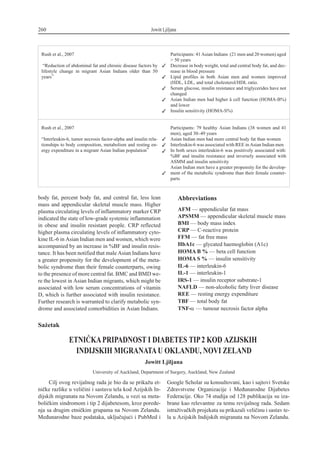 body fat, percent body fat, and central fat, less lean
mass and appendicular skeletal muscle mass. Higher
plasma circulating levels of inflammatory marker CRP
indicated the state of low-grade systemic inflammation
in obese and insulin resistant people. CRP reflected
higher plasma circulating levels of inflammatory cyto-
kine IL-6 in Asian Indian men and women, which were
accompanied by an increase in %BF and insulin resis-
tance. It has been notified that male Asian Indians have
a greater propensity for the development of the meta-
bolic syndrome than their female counterparts, owing
to the presence of more central fat. BMC and BMD we-
re the lowest in Asian Indian migrants, which might be
associated with low serum concentrations of vitamin
D, which is further associated with insulin resistance.
Further research is warranted to clarify metabolic syn-
drome and associated comorbidities in Asian Indians.
Abbreviations
AFM — appendicular fat mass
APSMM — appendicular skeletal muscle mass
BMI — body mass index
CRP — C-reactive protein
FFM — fat free mass
HbA1c — glycated haemoglobin (A1c)
HOMA B % — beta cell function
HOMA S % — insulin sensitivity
IL-6 — interleukin-6
IL-1 — interleukin-1
IRS-1 — insulin receptor substrate-1
NAFLD — non-alcoholic fatty liver disease
REE — resting energy expenditure
TBF — total body fat
TNF-a — tumour necrosis factor alpha
260 Jowitt Ljiljana
Rush et al., 2007
“Reduction of abdominal fat and chronic disease factors by
lifestyle change in migrant Asian Indians older than 50
years”
3
3
3
3
3
Participants: 41 Asian Indians (21 men and 20 women) aged
> 50 years
Decrease in body weight, total and central body fat, and dec-
rease in blood pressure
Lipid profiles in both Asian men and women improved
(HDL, LDL, and total cholesterol/HDL ratio.
Serum glucose, insulin resistance and triglycerides have not
changed
Asian Indian men had higher â cell function (HOMA-B%)
and lower
Insulin sensitivity (HOMA-S%)
Rush et al., 2007
“Interleukin-6, tumor necrosis factor-alpha and insulin rela-
tionships to body composition, metabolism and resting en-
ergy expenditure in a migrant Asian Indian population”
3
3
3
3
Participants: 79 healthy Asian Indians (38 women and 41
men), aged 30–49 years
Asian Indian men had more central body fat than women
Interleukin-6 was associated with REE in Asian Indian men
In both sexes interleukin-6 was positively associated with:
%BF and insulin resistance and inversely associated with
ASMM and insulin sensitivity
Asian Indian men have a greater propensity for the develop-
ment of the metabolic syndrome than their female counter-
parts
Sa`etak
ETNI^KAPRIPADNOST I DIABETES TIP2 KOD AZIJSKIH
INDIJSKIH MIGRANATAU OKLANDU, NOVI ZELAND
Jowitt Ljiljana
University of Auckland, Department of Surgery, Auckland, New Zealand
Cilj ovog revijalnog rada je bio da se prika`u et-
ni~ke razlike u veli~ini i sastavu tela kod Azijskih In-
dijskih migranata na Novom Zelandu, u vezi sa meta-
boli~kim sindromom i tip 2 dijabetesom, kroz pore|e-
nja sa drugim etni~kim grupama na Novom Zelandu.
Me|unarodne baze podataka, uklju~uju}i i PubMed i
Google Scholar su konsultovani, kao i sajtovi Svetske
Zdravstvene Organizacije i Me|unarodne Dijabetes
Federacije. Oko 74 studija od 128 publikacija su iza-
brane kao relevantne za temu revijalnog rada. Sedam
istra`iva~kih projekata su prikazali veli~inu i sastav te-
la u Azijskih Indijskih migranata na Novom Zelandu.
 