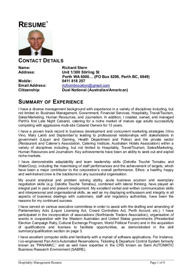 hospitality mgmt resume