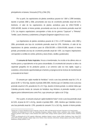 principalmente en banano, Venezuela (21%) y Chile (3%).
Por su parte, las exportaciones de plantas aromáticas pasaron de 1.869 a 2.898 toneladas,
durante el periodo 2000 y 2006, presentando una tasa de crecimiento promedio anual del 6,5%.
Asimismo, el valor de las exportaciones de plantas aromáticas paso de US$3.718.000 a
US$5.469.000, durante el mismo periodo, presentando una tasa de crecimiento promedio anual del
5,7%. Las mayores exportaciones corresponden a frutos de los géneros "Capsicum" o "Pimienta";
Tomillo, Laurel, Amomos y cardamomos y Orégano (Origanum vulgare) fresco o seco.
Las importaciones de plantas aromáticas pasaron de 2.152 a 2.297 toneladas, entre 2000 y
2006, presentando una tasa de crecimiento promedio anual de 0,9%. Asimismo, el valor de las
importaciones de plantas aromáticas pasó de US$6.503.000 a US$4.610.000, durante el mismo
periodo, presentando una tasa de crecimiento promedio anual del -4,8%. Las mayores importaciones
corresponden a semillas de comino, pimienta y clavos (frutos, clavillos y pedúnculos).
El consumo de frutos tropicales, frescos o transformados, ha crecido en los últimos años en
muchos países y especialmente en los países desarrollados. El crecimiento del consumo se debe a la
expansión geográfica de los productos gracias a un comercio cada vez más rápido, seguro y
económico, al incremento experimentado por el turismo y al progreso de las técnicas de transformación
y envasado de las frutas6.
El consumo per cápita mundial de hortalizas7 creció a una tasa promedio anual de 3,1%, al
pasar de 89,1 a 103,6 Kgs, durante el periodo 2000-2005, mientras que en Colombia creció a una tasa
promedio anual de 0,3%, pasando de 23 a 23,1 Kgs, durante el mismo periodo. Lo anterior indica que
Colombia presenta niveles de consumo de hortalizas muy inferiores al promedio mundial y al de
algunos países latinoamericanos como Perú, cuyo consumo per cápita es de 72 Kgs.
Por su parte, el consumo anual per capita mundial de frutas8 creció a una tasa promedio anual
de 0,6%, al pasar de 44.7 a 46 Kg., durante el periodo 2000 – 2005, mientras que Colombia creció a
una tasa promedio anual de -2,9%, pasando de consumir 31,6 a 26,5 Kg., durante el mismo periodo.
6
Producción y Comercio Mundial de Frutos Tropicales. Llanos M. 1998, en El Mercado de las Frutas Tropicales en la Unión Europea.
7
Hortalizas con información de la FAO: ajo, alcachofas, berenjenas, calabaza, cebollas, chiles y pimientos, coles, coliflor, espárragos,
espinacas, guisantes verdes, hongos y trufas, hortalizas NCP, judías verdes, lechuga, melones, pepinos, puerros, sandías, tomates, zanahorias
y nabos.
8
Frutas con información de la FAO: aguacate, albaricoque, arándanos, bananos, cerezas, ciruelas, dátiles, frambuesas, fresas, frutas NCP,
cítricos NCP, grosellas, guayabas, mangos, higos, kiwis, limones, limas, manzanas, melocotones, naranjas, papayas, peras, piñas, tangerinas,
mandarinas, toronjas, pomelos y uvas.
10
 