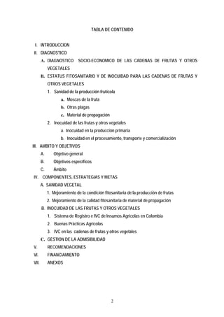 TABLA DE CONTENIDO
I. INTRODUCCION
II. DIAGNOSTICO
A. DIAGNOSTICO SOCIO-ECONOMICO DE LAS CADENAS DE FRUTAS Y OTROS
VEGETALES
B. ESTATUS FITOSANITARIO Y DE INOCUIDAD PARA LAS CADENAS DE FRUTAS Y
OTROS VEGETALES
1. Sanidad de la producción frutícola
a. Moscas de la fruta
b. Otras plagas
c. Material de propagación
2. Inocuidad de las frutas y otros vegetales
a. Inocuidad en la producción primaria
b. Inocuidad en el procesamiento, transporte y comercialización
III. AMBITO Y OBJETIVOS
A. Objetivo general
B. Objetivos específicos
C. Ámbito
IV. COMPONENTES, ESTRATEGIAS Y METAS
A. SANIDAD VEGETAL
1. Mejoramiento de la condición fitosanitaria de la producción de frutas
2. Mejoramiento de la calidad fitosanitaria de material de propagación
B. INOCUIDAD DE LAS FRUTAS Y OTROS VEGETALES
1. Sistema de Registro e IVC de Insumos Agricolas en Colombia
2. Buenas Prácticas Agrícolas
3. IVC en las cadenas de frutas y otros vegetales
C. GESTION DE LA ADMISIBILIDAD
V. RECOMENDACIONES
VI. FINANCIAMIENTO
VII. ANEXOS
2
 