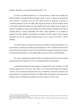 toneladas, equivalente a un crecimiento promedio anual de -1,6%.
Las frutas con potencial productivo4 en el mercado interno y externo han presentado una
dinámica notable en la producción total de hortalizas y frutas. En efecto, el volumen de producción de
éstas representó en promedio cerca del 51,5% dentro del total de producción y presentó un
crecimiento promedio de 16,2% entre 2000 y 2006, al pasar de 994.283 a 2.851.031 toneladas. Dentro
de este grupo, sobresale la producción de frutas tropicales tales como el mango, la piña, la papaya, el
aguacate, la guayaba y el maracuyá, que participó con el 36,9% del total de la producción de frutas en
Colombia durante el periodo comprendido entre 2000 y 2006. Igualmente, en su conjunto, la
producción de frutas tropicales ha presentado una tendencia creciente durante el mismo periodo,
alcanzando una tasa de crecimiento promedio anual de 0,4%, al pasar de 914.492 a 939.725
toneladas.
De la misma manera, la producción nacional de las hortalizas con potencial productivo5 en el
mercado interno y externo ha presentado un buen desempeño. En efecto, el volumen de producción de
éstas representó en promedio cerca del 19,1% dentro del total de la producción hortícola y presentó un
crecimiento promedio anual de 1,1% entre 2000 y 2006, al pasar de 318.476 a 344.948 toneladas.
Por su parte, la producción de plantas aromáticas y especias presentó una tasa de crecimiento
promedio anual del 34% al pasar de 1.675 a 3.237 toneladas durante el mismo periodo.
La participación promedio del valor agregado de la producción de frutas y hortalizas en el PIB
del sector agrícola fue de 13,4% entre 1996 y 2006. En ese mismo periodo mantuvo una tendencia
creciente, con un crecimiento promedio anual del 2,6%, convirtiéndose en uno de los subsectores con
mayor dinámica en la economía rural del país. Entre 2000 y 2006, la participación de la producción de
hortalizas y frutas en el PIB del sector agrícola creció 4,0%, al pasar de 13,0% a 13,6%.
4
En el caso de las frutas sobresalen la pitahaya, el mango, el bananito, la lima Tahití, la feijoa, el aguacate, la uchuva, la piña, el maracuyá,
el lulo, la mora, la granadilla y el tomate de árbol.
5
En el caso de hortalizas sobresalen el ají, el espárrago, la cebolla bulbo, el brócoli, la coliflor, las lechugas gourmet y la alcachofa, entro
otros.
7
 