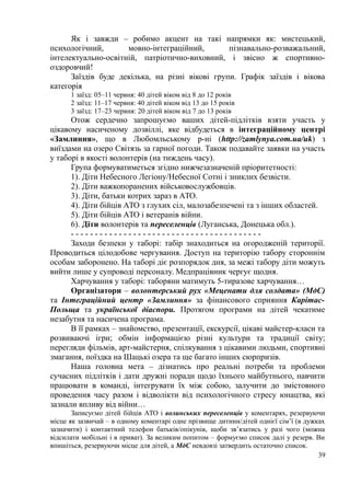 Як і завжди – робимо акцент на такі напрямки як: мистецький,
психологічний, мовно-інтеграційний, пізнавально-розважальний,
інтелектуально-освітній, патріотично-виховний, і звісно ж спортивно-
оздоровчий!
Заїздів буде декілька, на різні вікові групи. Графік заїздів і вікова
категорія
1 заїзд: 05–11 червня: 40 дітей віком від 8 до 12 років
2 заїзд: 11–17 червня: 40 дітей віком від 13 до 15 років
3 заїзд: 17–23 червня: 20 дітей віком від 7 до 13 років
Отож сердечно запрошуємо ваших дітей-підлітків взяти участь y
цікавому насиченому дозвіллі, яке відбудеться в інтеграційному центрі
«Замлиння», що в Любомльському р-ні (http://zamlynya.com.ua/uk) з
виїздами на озеро Світязь за гарної погоди. Також подавайте заявки на участь
у таборі в якості волонтерів (на тиждень часу).
Група формуватиметься згідно нижчезазначеній пріоритетності:
1). Діти Небесного Легіону/Небесної Сотні і зниклих безвісти.
2). Діти важкопоранених військовослужбовців.
3). Діти, батьки котрих зараз в АТО.
4). Діти бійців АТО з глухих сіл, малозабезпечені та з інших областей.
5). Діти бійців АТО і ветеранів війни.
6). Діти волонтерів та переселенців (Луганська, Донецька обл.).
- - - - - - - - - - - - - - - - - - - - - - - - - - - - - - - - - - - - - - - -
Заходи безпеки у таборі: табір знаходиться на огородженій території.
Проводиться цілодобове чергування. Доступ на територію табору стороннім
особам заборонено. На таборі діє розпорядок дня, за межі табору діти можуть
вийти лише у супроводі персоналу. Медпрацівник чергує щодня.
Харчування у таборі: таборяни матимуть 5-тиразове харчування…
Організатори – волонтерський рух «Меценати для солдата» (МдС)
та Інтеграційний центр «Замлиння» за фінансового сприяння Карітас-
Польща та української діаспори. Протягом програми на дітей чекатиме
незабутня та насичена програма.
В її рамках – знайомство, презентації, екскурсії, цікаві майстер-класи та
розвиваючі ігри; обмін інформацією різні культури та традиції світу;
перегляди фільмів, арт-майстерня, спілкування з цікавими людьми, спортивні
змагання, поїздка на Шацькі озера та ще багато інших сюрпризів.
Наша головна мета – дізнатись про реальні потреби та проблеми
сучасних підлітків і дати дружні поради щодо їхнього майбутнього, навчити
працювати в команді, інтегрувати їх між собою, залучити до змістовного
проведення часу разом і відволікти від психологічного стресу юнацтва, які
зазнали впливу від війни…
Записуємо дітей бійців АТО і волинських переселенців у коментарях, резервуючи
місце як зазвичай – в одному коментарі одне прізвище дитини/дітей однієї сім’ї (в дужках
зазначити) і контактний телефон батьків/опікунів, щоби зв’язатись у разі чого (можна
відсилати мобільні і в приват). За великим попитом – формуємо список далі у резерв. Ви
впишіться, резервуючи місце для дітей, а МдС невдовзі затвердить остаточно список.
39
 