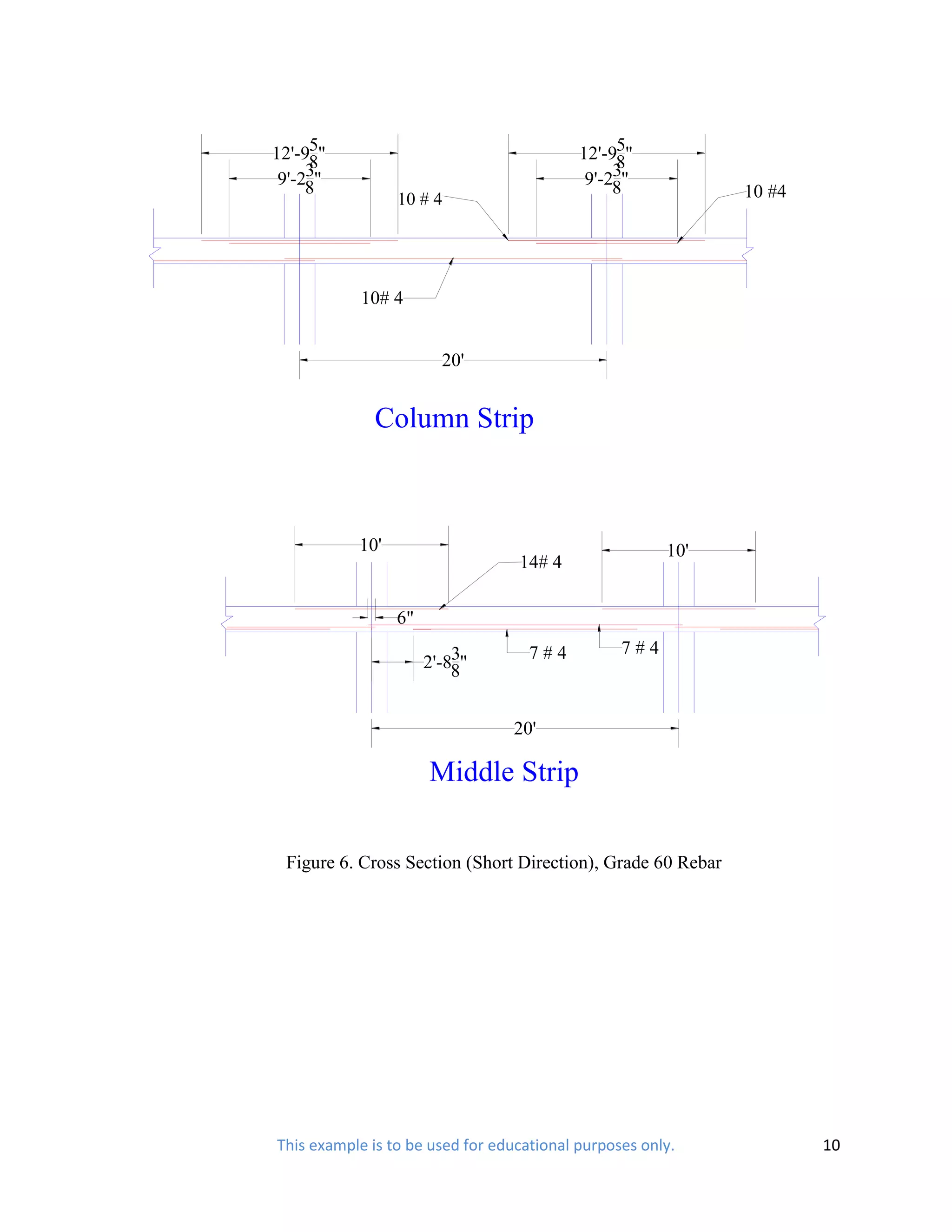 5
12'-98"                                         5
                                           12'-98"
     3
 9'-28"                                         3
                                            9'-28"
                 10 # 4                                      10 #4




            10# 4


                        20'


              Column Strip



           10'                                         10'
                                  14# 4

                 6"
                          3         7#4          7#4
                      2'-88"


                                 20'

                      Middle Strip

 Figure 6. Cross Section (Short Direction), Grade 60 Rebar




This example is to be used for educational purposes only.            10
 
