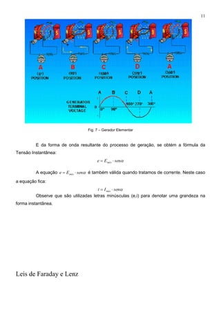 11
Fig. 7 – Gerador Elementar
E da forma de onda resultante do processo de geração, se obtém a fórmula da
Tensão Instantânea:
senEe máx 
A equação senEe máx  é também válida quando tratamos de corrente. Neste caso
a equação fica:
senIi máx 
Observe que são utilizadas letras minúsculas (e,i) para denotar uma grandeza na
forma instantânea.
Leis de Faraday e Lenz
 