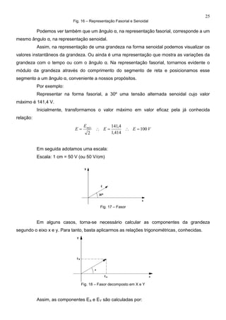 25
Fig. 16 – Representação Fasorial e Senoidal
Podemos ver também que um ângulo α, na representação fasorial, corresponde a um
mesmo ângulo α, na representação senoidal.
Assim, na representação de uma grandeza na forma senoidal podemos visualizar os
valores instantâneos da grandeza. Ou ainda é uma representação que mostra as variações da
grandeza com o tempo ou com o ângulo α. Na representação fasorial, tornamos evidente o
módulo da grandeza através do comprimento do segmento de reta e posicionamos esse
segmento a um ângulo α, conveniente a nossos propósitos.
Por exemplo:
Representar na forma fasorial, a 30º uma tensão alternada senoidal cujo valor
máximo é 141,4 V.
Inicialmente, transformamos o valor máximo em valor eficaz pela já conhecida
relação:
VEE
E
E máx
100
414,1
4,141
2

Em seguida adotamos uma escala:
Escala: 1 cm = 50 V (ou 50 V/cm)
Fig. 17 – Fasor
Em alguns casos, torna-se necessário calcular as componentes da grandeza
segundo o eixo x e y. Para tanto, basta aplicarmos as relações trigonométricas, conhecidas.
Fig. 18 – Fasor decomposto em X e Y
Assim, as componentes EX e EY são calculadas por:
 