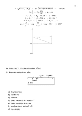 56
     3,1157,1324,75100
2222
ZZXXRZ CL
AII
Z
E
I 3,1
3,115
150

VVVIRV RRR 1303,1100 
VVVIXV LLLL 1,983,14,75 
VVVIXV CCCC 5,1723,17,132 
 9,29865,0cos
3,115
100
coscos 
Z
R
5.4. EXERCÍCIOS DE CIRCUITOS RLC SÉRIE
1 – No circuito, determine o valor:
a) ângulo de fase;
b) resistência;
c) corrente;
d) queda de tensão no capacitor;
e) queda de tensão no indutor;
f) tensão entre os pontos A e B;
g) impedância;
 