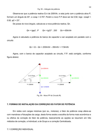 64
Fig. 55 – triângulo de potência
Observa-se que a potência reativa Q é de 200VAr, e esta junto com a potência ativa P,
formam um ângulo de 45°, e cosφ = 0.707. Porém o novo F.P deve ser de 0.92, logo cosφ2 =
0.92, φ2 = 23°.
De posse do novo ângulo, calcula-se a nova potência reativa, Qn.
Qn = tgφ2 . P Qn = tg23° . 200 Qn ≈ 85kVAr
Agora é calculado a potência do banco de capacitor a ser acoplado em paralelo com o
circuito
Qc = Q – Qn = 200kVAr – 85kVAr = 115kVAr
Agora, com o banco de capacitor acoplado ao circuito, F.P. está corrigido, conforme
figura abaixo:
Fig. 56 – Novo FP do Circuito RL
7. FORMAS DE INSTALAÇÃO DA CORREÇÃO DO FATOR DE POTÊNCIA
Em redes com cargas indutivas (por ex., motores), o fator de potência cosφ altera-se
com manobras e flutuações da carga, desta forma existe a escolha da forma mais econômica e
ou efetiva da correção do fator de potência, basicamente as opções se resumem em três
métodos de correção, a Individual, a de Grupo e a correção Centralizada.
7.1 CORREÇÃO INDIVIDUAL
 