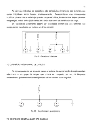 65
Na correção individual os capacitores são conectados diretamente aos terminais das
cargas individuais, sendo ligados simultaneamente. Recomenda-se uma compensação
individual para os casos onde haja grandes cargas de utilização constante e longos períodos
de operação. Desta forma pode-se reduzir a bitola dos cabos de alimentação da carga.
Os capacitores geralmente podem ser conectados diretamente aos terminais das
cargas, sendo manobrado por meio de um único contator.
Fig. 57 – Capacitores individuais
7.2 CORREÇÃO PARA GRUPO DE CARGAS
Na compensação de um grupo de cargas, o sistema de compensação de reativos estará
relacionado a um grupo de cargas, que poderá ser composto, por ex., de lâmpadas
fluorescentes, que serão manobradas por meio de um contator ou de disjuntor.
Fig. 58 – Capacitores para grupo de carga
7.3 CORREÇÃO CENTRALIZADA DAS CARGAS
 