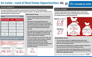 Sri Lanka - Land of Real Estate Opportunities: JLL
OFFICE MARKETS
Office Market Trends
• Lease transactions dominate the commercial
markets with outright purchases few and far
between.
• Information Technology(IT)/Information
Technology Enabled Services (ITeS) companies’
continuous expansion strategies require them to
move to larger space formats and, therefore,
they prefer the flexibility afforded by lease
contracts.
• Upcoming mixed use development projects like
Cinnamon Life and Shangri-La, located in the
CBD area, will inevitably increase the overall
supply of office space in Colombo.
• IT/ITes companies may move out of CBD areas
as rentals are high in these locations. Banking,
Financial Services and Insurance (BFSI)
companies may also retain only nominal
corporate office spaces in CBD, with back offices
relocating to more cost effective space in
secondary locations.
RETAIL MARKET
Retail Market Trends
• The Sri Lankan consumer is rapidly becoming more brand
conscious and demand for better quality goods and services is
driven by rising average incomes.
• Key occupiers of existing malls are apparel retailers, mobile and
accessory outlets and food and beverage operators.
• The retail market suffers from fragmentation and there is lack of
good quality mall spaces, that provide entertainment and leisure
facilities and adequate parking.
Colombo’s eight operational shopping centres account for
approximately 0.8 mn square feet of built-up area, and have
an average vacancy rate of less than 5%.
The city of Colombo is Sri Lanka’s most prominent commercial office destination.
Currently, the Colombo office market comprises nearly 1 mn square feet of Grade A stock
witnessing 95% occupancy levels.
< Research & Development Unit > Cont…
CBD – CBD of Colombo is the financial, business and
transportation hub of Sri Lanka.
SBD –SBD of Colombo is primarily residential with strip retail
activity along major transport corridors.
Source: Sri Lanka - Land of Real Estate Opportunities, JLL, May 2017
 