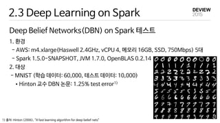 2.3 Deep Learning on Spark
Deep Belief Networks(DBN) on Spark 테스트
1. 환경
- AWS: m4.xlarge(Haswell 2.4GHz, vCPU 4, 메모리 16GB, SSD, 750Mbps) 5대
- Spark 1.5.0-SNAPSHOT, JVM 1.7.0, OpenBLAS 0.2.14
2. 대상
- MNIST (학습 데이터: 60,000, 테스트 데이터: 10,000)
•Hinton 교수 DBN 논문: 1.25% test error1)
1) 출처: Hinton (2006), “A fast learning algorithm for deep belief nets”
 