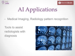 AI Applications
- Medical Imaging, Radiology pattern recognition
Tools to assist
radiologists with
diagnosis
 