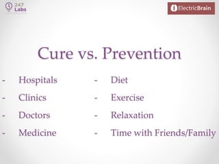 Cure vs. Prevention
- Hospitals
- Clinics
- Doctors
- Medicine
- Diet
- Exercise
- Relaxation
- Time with Friends/Family
 