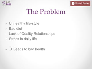 The Problem
- Unhealthy life-style
- Bad diet
- Lack of Quality Relationships
- Stress in daily life
-  Leads to bad health
 