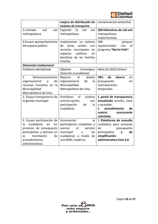 Página 36 de 37
mejora de distribución de
tarjetas de transporte.
contaminación ambiental.
2.Limitada red vial
metropolitana
Expandir la red vial
metropolitana
300 kilómetros de red vial
metropolitana
implementada
3.Escaso aprovechamiento
del espacio público
Implementar un sistema
de áreas verdes con
servicios municipales en
espacios públicos en
beneficio de las familias
limeñas
300 parques
repotenciados con el
programa “Barrio Feliz”.
Dimensión Institucional
Problema Identificado Objetivo Estratégico
(Solución al problema)
Meta (al 2022) (Valor)
1. Dimensionamiento
organizacional y de
recursos humanos en la
Municipalidad
Metropolitana de Lima
Mejorar el diseño
organizacional de la
Municipalidad
Metropolitana de Lima
30% de ahorro en
presupuesto en
contrataciones
temporales
2. Escasa transparencia de
la gestión municipal
Fortalecer el sistema
anticorrupción, con
participación de la
ciudadanía
1 portal de transparencia
actualizado sencillo, claro
y accesible.
1 procedimiento de
control concurrente
solicitado.
3. Escasa participación de
la ciudadanía en los
procesos de presupuesto
participativo y demora en
la tramitación de
procedimientos
administrativos.
Incrementar la
participación ciudadana y
acercar el servicio
municipal a los
ciudadanos a través de
una MML moderna.
1 Plataforma de consulta
ciudadana para procesos
de presupuesto
participativo y de
simplificación
administrativa Lima 3.0
 