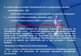 5.- ¿Cómo están sus partes? Identificación de su configuración o si están
interralacionados. Ejm:
¿Cómo están distribuídos los suelos agrícolas del Dpto de Lambayeque?
7.- ¿Cuántos? Identificar cantidades, intensidad. Ejm:
¿Cuántas madres solteras existen en la provincia de Lima?
INVESTIGACIÓN CORRELACIONAL
Los estudios CORRELACIONALES pretenden responder a preguntas de
investigación tales como: ¿Conforme transcurre una psicoterapia orientada
hacia el paciente, aumenta su autoestima?, ¿Los niños que dedican más
tiempo a ver la televisión, tienen un vocabulario más amplio que los que ven
menos televisión? Es decir, este tipo de estudios tienen como propósito medir
el grado de relación que existe entre dos o más conceptos o variables.
Ejemplo:
-Autoestima e inteligencia (Correlacional/causal)
- Indicar cual es la relación entre el aprovechamiento de matemáticas y química
en el ámbito de enseñanza de educación secundaria (simplemente
correlacional)
 