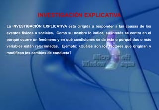 INVESTIGACIÓN EXPLICATIVA
La INVESTIGACIÓN EXPLICATIVA está dirigida a responder a las causas de los
eventos físicos o sociales. Como su nombre lo indica, su interés se centra en el
porqué ocurre un fenómeno y en qué condiciones se da éste o porqué dos o más
variables están relacionadas. Ejemplo: ¿Cuáles son los factores que originan y
modifican los cambios de conducta?
 
