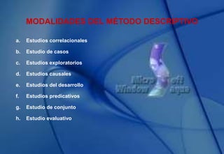 MODALIDADES DEL MÉTODO DESCRIPTIVO
a. Estudios correlacionales
b. Estudio de casos
c. Estudios exploratorios
d. Estudios causales
e. Estudios del desarrollo
f. Estudios predicativos
g. Estudio de conjunto
h. Estudio evaluativo
 