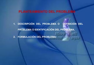 PLANTEAMIENTO DEL PROBLEMA
1. DESCRIPCIÓN DEL PROBLEMA O DEFINICIÓN DEL
PROBLEMA O IDENTIFICACIÓN DEL PROBLEMA.
2. FORMULACIÓN DEL PROBLEMA.
 