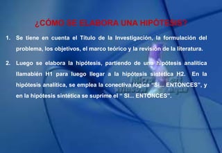 1. Se tiene en cuenta el Título de la Investigación, la formulación del
problema, los objetivos, el marco teórico y la revisión de la literatura.
2. Luego se elabora la hipótesis, partiendo de una hipótesis analítica
llamabién H1 para luego llegar a la hipótesis sintética H2. En la
hipótesis analítica, se emplea la conectiva lógica “Si... ENTONCES”, y
en la hipótesis sintética se suprime el “ SI... ENTONCES”.
¿CÓMO SE ELABORA UNA HIPÓTESIS?
 