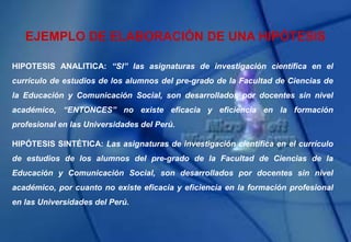 EJEMPLO DE ELABORACIÓN DE UNA HIPÓTESIS
HIPOTESIS ANALITICA: “SI” las asignaturas de investigación científica en el
currículo de estudios de los alumnos del pre-grado de la Facultad de Ciencias de
la Educación y Comunicación Social, son desarrollados por docentes sin nivel
académico, “ENTONCES” no existe eficacia y eficiencia en la formación
profesional en las Universidades del Perú.
HIPÓTESIS SINTÉTICA: Las asignaturas de investigación científica en el currículo
de estudios de los alumnos del pre-grado de la Facultad de Ciencias de la
Educación y Comunicación Social, son desarrollados por docentes sin nivel
académico, por cuanto no existe eficacia y eficiencia en la formación profesional
en las Universidades del Perú.
 