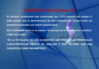 UNIVERSO POBLACIONAL (N)
El universo poblacional está conformado por 1,370 alumnos del colegio X.
Cabe señalar que la determinación de esta población, es porque todos los
elementos presentan una misma característica.
ROJA SORIANO, Raúl en su tratado “El proceso de la investigación científica”
(1988:120) señala:
“ES LA TOTALIDAD DE LOS ELEMENTOS QUE POSEEN LAS PRINCIPALES
CARACTERÍSTICAS OBJETO DE ANÁLISIS Y SUS VALORES QUE SON
CONOCIDOS COMO PARÁMETROS”.
 