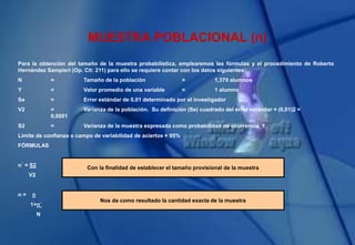 MUESTRA POBLACIONAL (n)
Para la obtención del tamaño de la muestra probabilística, emplearemos las fórmulas y el procedimiento de Roberto
Hernández Sampieri (Op. Cit: 211) para ello se requiere contar con los datos siguientes:
N = Tamaño de la población = 1,370 alumnos
Y = Valor promedio de una variable = 1 alumno
Se = Error estándar de 0,01 determinado por el investigador
V2 = Varianza de la población. Su definición (Se) cuadrado del error estándar = (0,01)2 =
0,0001
S2 = Varianza de la muestra expresada como probabilidad de ocurrencia Y
Límite de confianza o campo de variabilidad de aciertos = 95%
FÓRMULAS
n´ = S2
V2
n = n
1+n´
N
Con la finalidad de establecer el tamaño provisional de la muestra
Nos da como resultado la cantidad exacta de la muestra
 