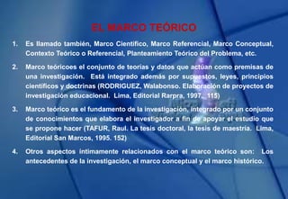EL MARCO TEÓRICO
1. Es llamado también, Marco Científico, Marco Referencial, Marco Conceptual,
Contexto Teórico o Referencial, Planteamiento Teórico del Problema, etc.
2. Marco teóricoes el conjunto de teorías y datos que actúan como premisas de
una investigación. Está integrado además por supuestos, leyes, principios
científicos y doctrinas (RODRIGUEZ, Walabonso. Elaboración de proyectos de
investigación educacional. Lima, Editorial Rarpra, 1997. 115)
3. Marco teórico es el fundamento de la investigación, integrado por un conjunto
de conocimientos que elabora el investigador a fin de apoyar el estudio que
se propone hacer (TAFUR, Raul. La tesis doctoral, la tesis de maestría. Lima,
Editorial San Marcos, 1995. 152)
4. Otros aspectos íntimamente relacionados con el marco teórico son: Los
antecedentes de la investigación, el marco conceptual y el marco histórico.
 