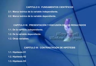 CAPITULO II: FUNDAMENTOS CIENTÍFICOS
2.1. Marco teórico de la variable independiente.
2.2. Marco teórico de la variable dependiente.
CAPITULO III: PRESENTACIÓN Y DISCUSIÓN DE LOS RESULTADOS
1.1. De la variable independiente.
1.2. De la variable dependiente.
1.3. Otras variables.
CAPITULO III: CONTRASTACIÓN DE HIPÓTESIS
1.1. Hipótesis H1
1.2. Hipótesis H2
1.3. Hipótesis H3
 