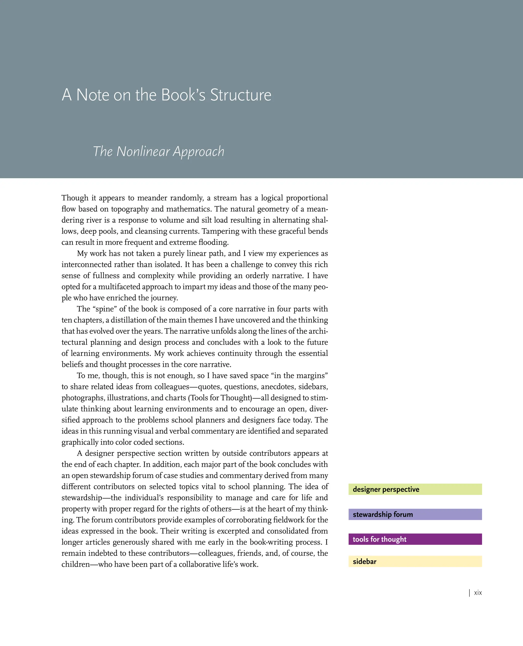 | xix
A Note on the Book’s Structure
The Nonlinear Approach
Though it appears to meander randomly, a stream has a logical proportional
flow based on topography and mathematics. The natural geometry of a mean-
dering river is a response to volume and silt load resulting in alternating shal-
lows, deep pools, and cleansing currents. Tampering with these graceful bends
can result in more frequent and extreme flooding.
My work has not taken a purely linear path, and I view my experiences as
interconnected rather than isolated. It has been a challenge to convey this rich
sense of fullness and complexity while providing an orderly narrative. I have
opted for a multifaceted approach to impart my ideas and those of the many peo-
ple who have enriched the journey.
The “spine” of the book is composed of a core narrative in four parts with
ten chapters, a distillation of the main themes I have uncovered and the thinking
that has evolved over the years. The narrative unfolds along the lines of the archi-
tectural planning and design process and concludes with a look to the future
of learning environments. My work achieves continuity through the essential
beliefs and thought processes in the core narrative.
To me, though, this is not enough, so I have saved space “in the margins”
to share related ideas from colleagues—quotes, questions, anecdotes, sidebars,
photographs, illustrations, and charts (Tools for Thought)—all designed to stim-
ulate thinking about learning environments and to encourage an open, diver-
sified approach to the problems school planners and designers face today. The
ideas in this running visual and verbal commentary are identified and separated
graphically into color coded sections.
A designer perspective section written by outside contributors appears at
the end of each chapter. In addition, each major part of the book concludes with
an open stewardship forum of case studies and commentary derived from many
different contributors on selected topics vital to school planning. The idea of
stewardship—the individual’s responsibility to manage and care for life and
property with proper regard for the rights of others—is at the heart of my think-
ing. The forum contributors provide examples of corroborating fieldwork for the
ideas expressed in the book. Their writing is excerpted and consolidated from
longer articles generously shared with me early in the book-writing process. I
remain indebted to these contributors—colleagues, friends, and, of course, the
children—who have been part of a collaborative life’s work.
designer perspective
stewardship forum
tools for thought
sidebar
 